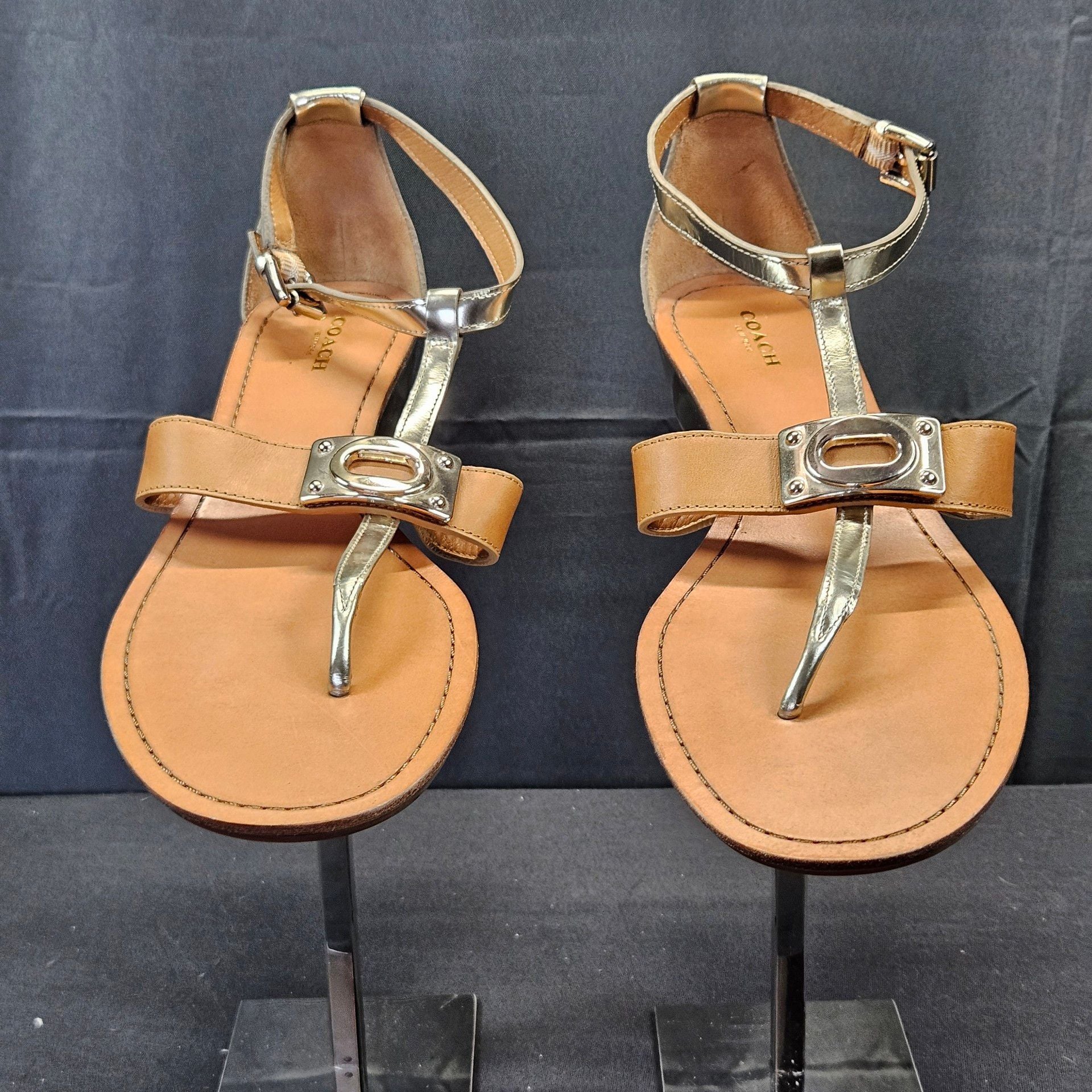 Coach Short Wedge Platform Thong Sandal Us Size 9 Eu 39.5 Brown/ Gold Ankle Str